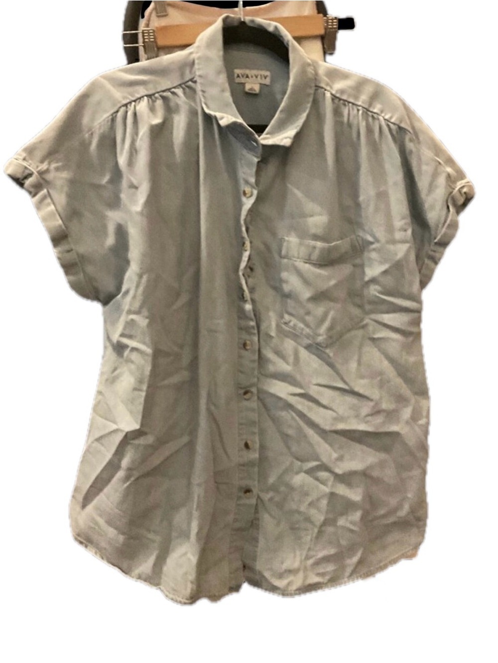 Ava & Viv Chambray Button Down Shirt Light Blue Size 1X Gathered Shoulder